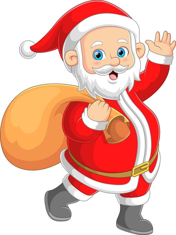 il Santa Claus è saluto con agitando mano mentre trasporto un' grande sacco i regali vettore
