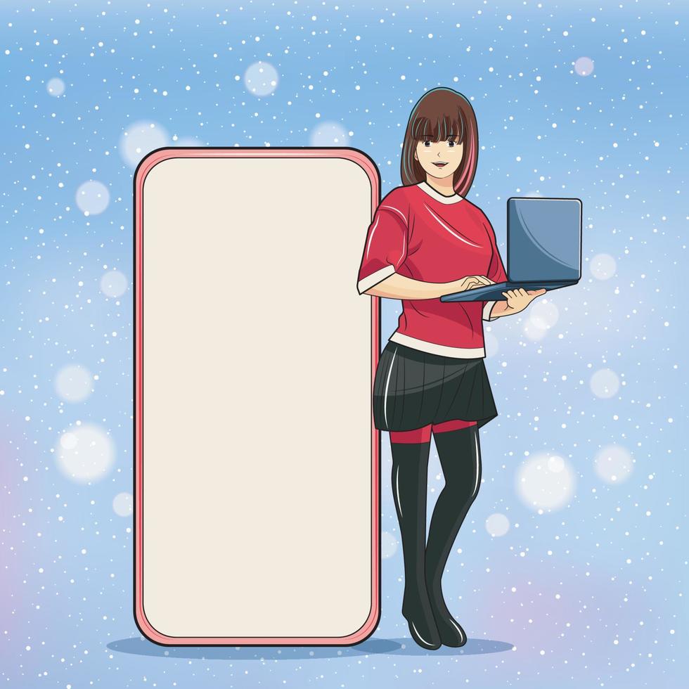 pubblicità Natale concetto. giovane ragazza utilizzando il computer portatile con grande cellula Telefono accanto sua vettore illustrazione professionista Scarica