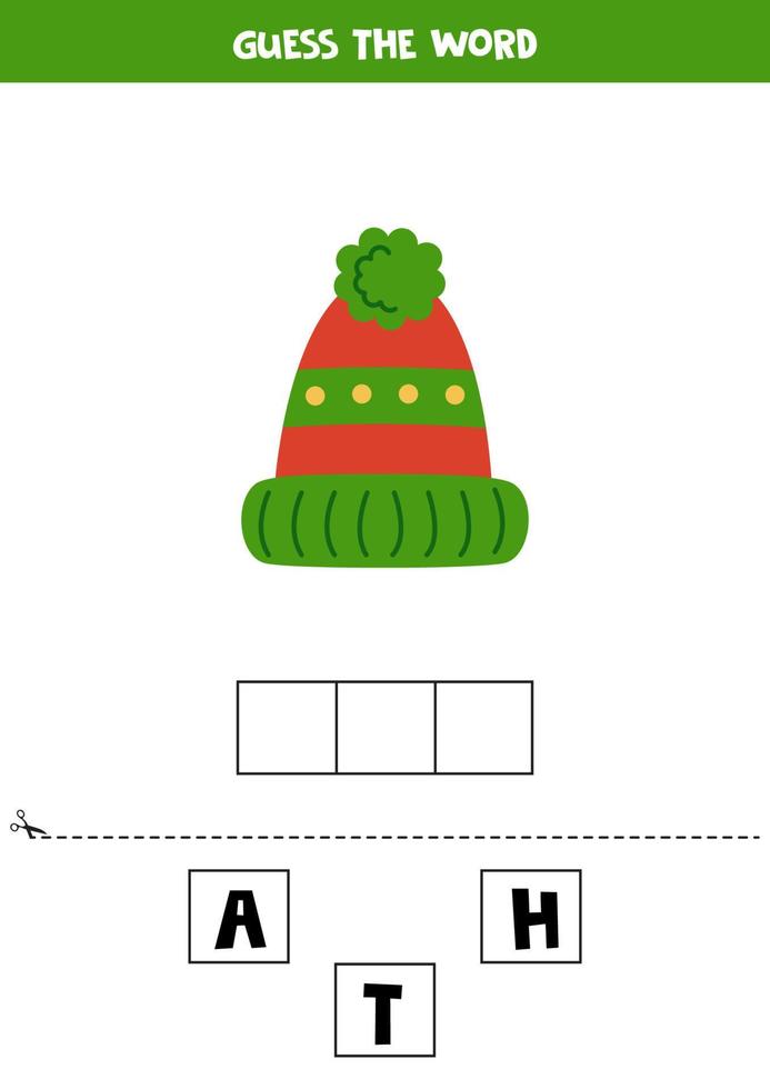 ortografia gioco per prescolastico bambini. cartone animato inverno cappello. vettore