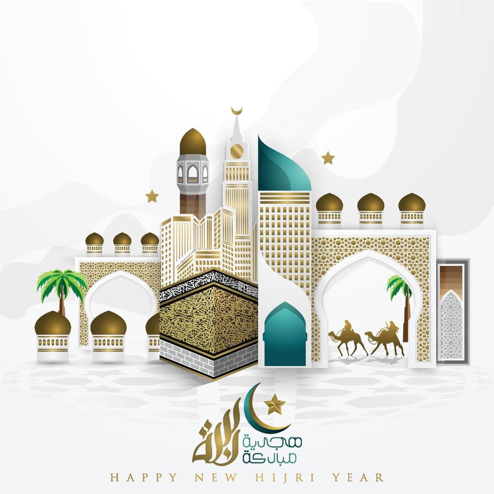 contento nuovo Hijri anno Muharram saluto islamico sfondo vettore design con Arabo calligrafia, mezzaluna, lanterna e kaaba per sfondo, striscione, coperchio, fratello, illustrazione e decorazione