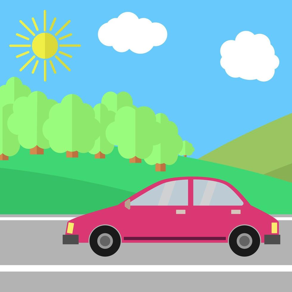 rosso auto su un' strada su un' soleggiato giorno. estate viaggio illustrazione. vettore