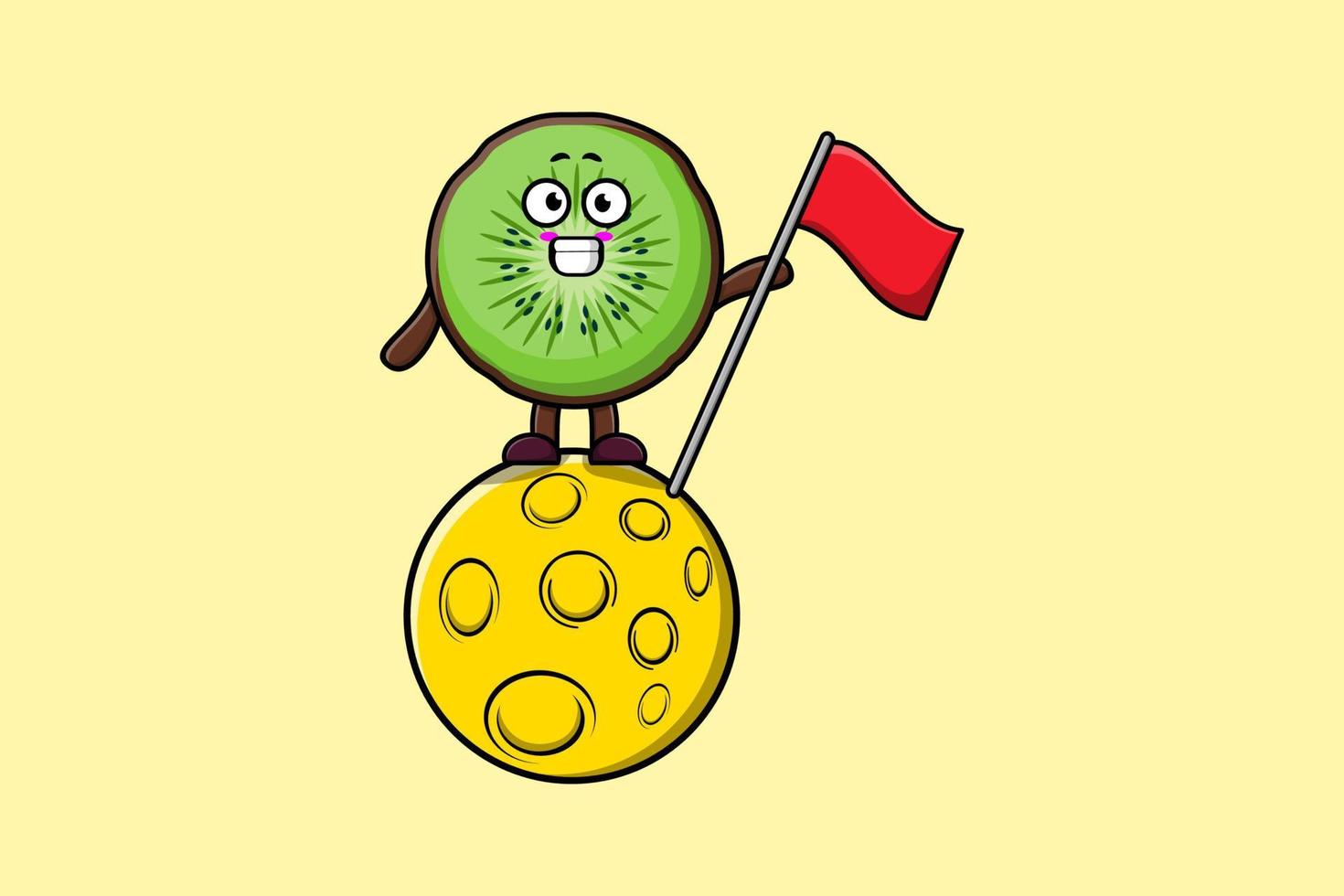 carino cartone animato Kiwi frutta in piedi su Luna con bandiera vettore