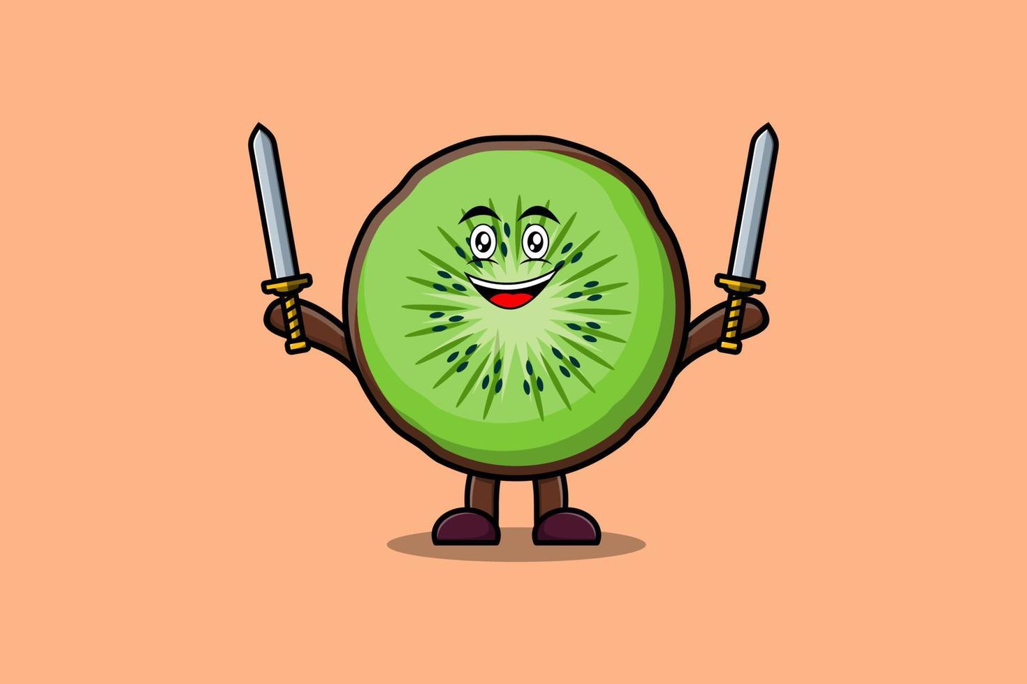 carino cartone animato Kiwi frutta personaggio hold Due spada vettore