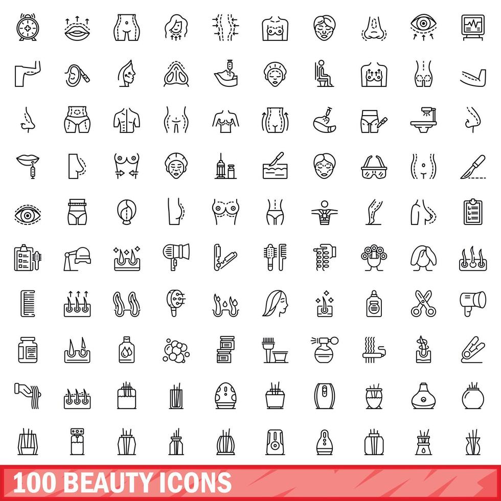 100 icone di bellezza impostate, stile contorno vettore