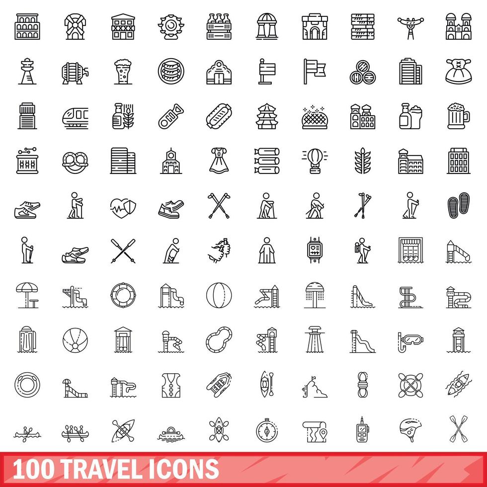 100 icone di viaggio impostate, stile contorno vettore