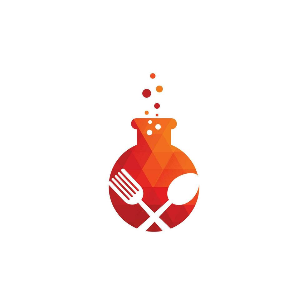 cibo laboratorio vettore logo design. laboratorio test tubo con forchetta e cucchiaio.