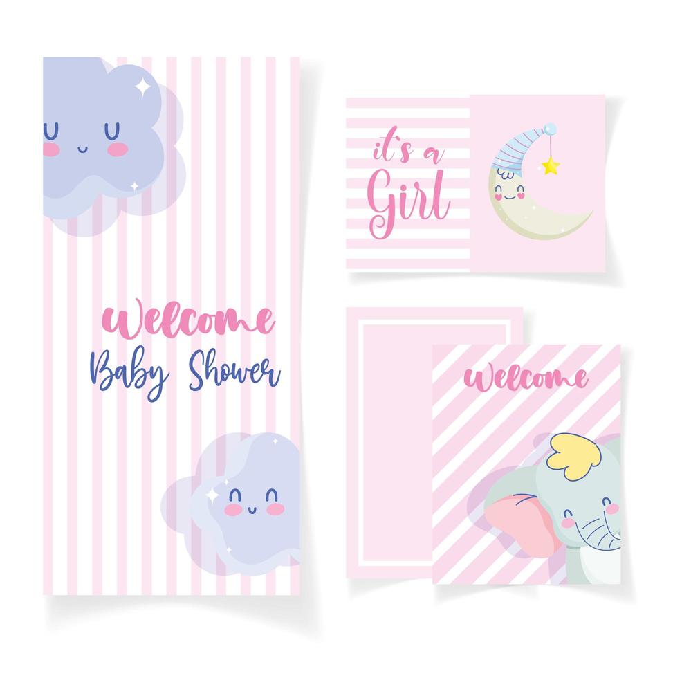 set di carte per baby shower con elefante e luna con nuvole vettore