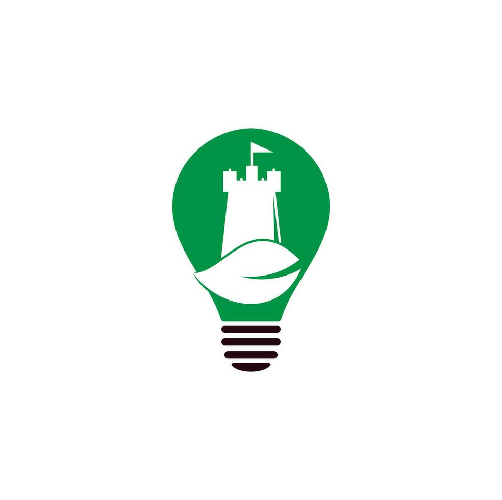 castello e foglia lampadina forma concetto logo design. Torre e eco simbolo o icona. natura castello logo disegni concetto vettore