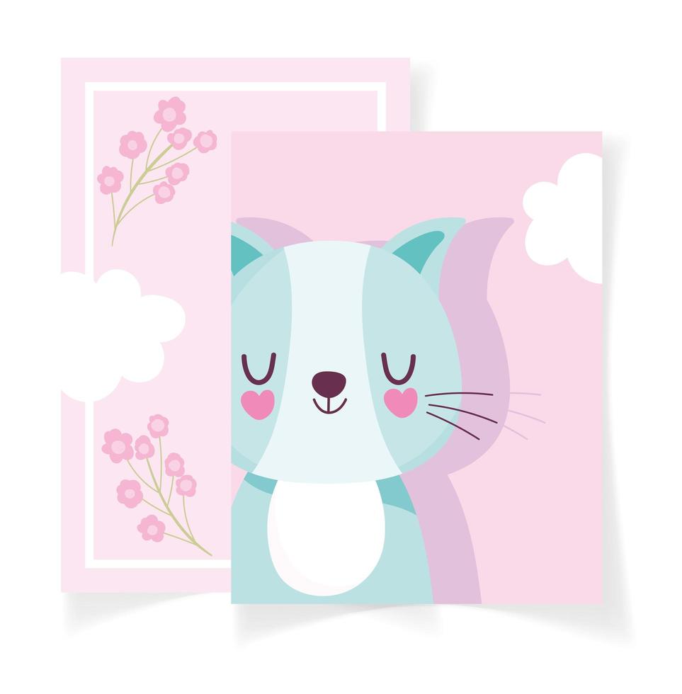 baby shower con simpatico gatto e carta di fiori vettore