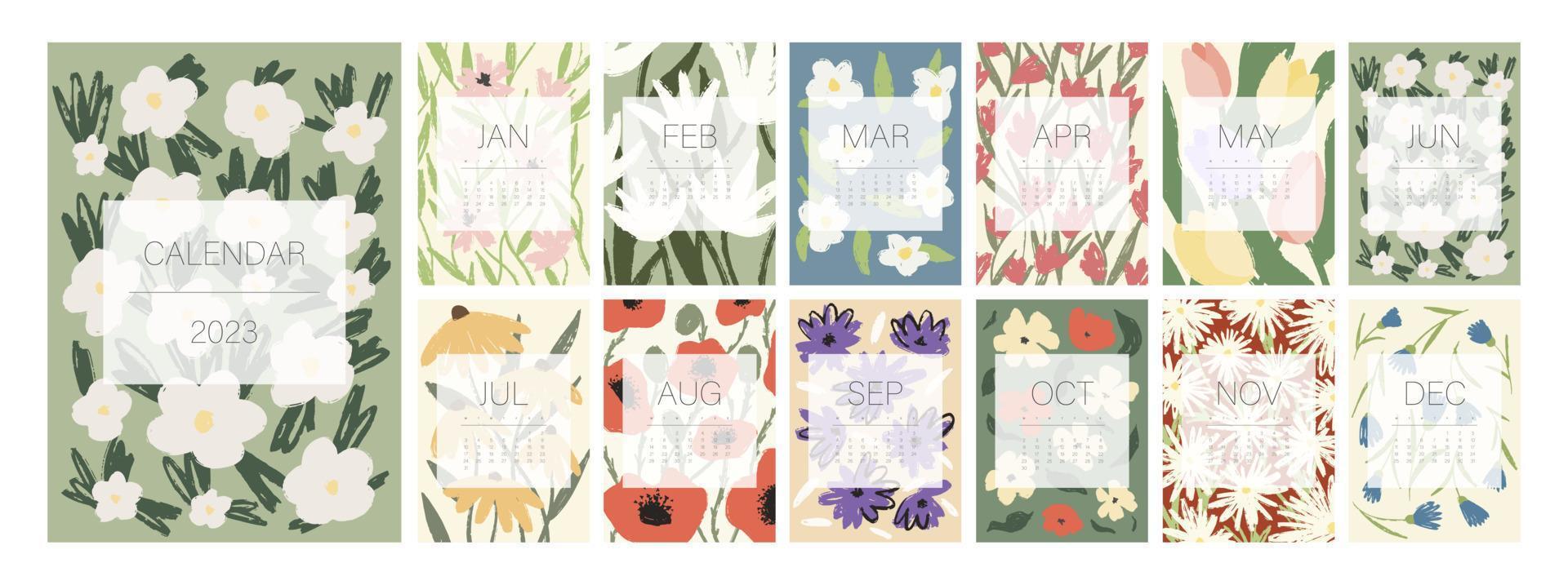 modello di calendario floreale per il 2023. design verticale con fiori e foglie colorati luminosi. modello di pagina di illustrazione modificabile a4, a3, set di 12 mesi con copertina. maglia vettoriale. la settimana inizia il lunedì. vettore