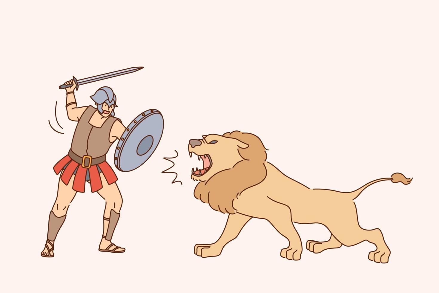 Gladiatore con Leone combattimento concetto. giovane uomo Gladiatore cartone animato personaggio nel speciale uniforme in piedi e combattente con Leone durante mostrare vettore illustrazione