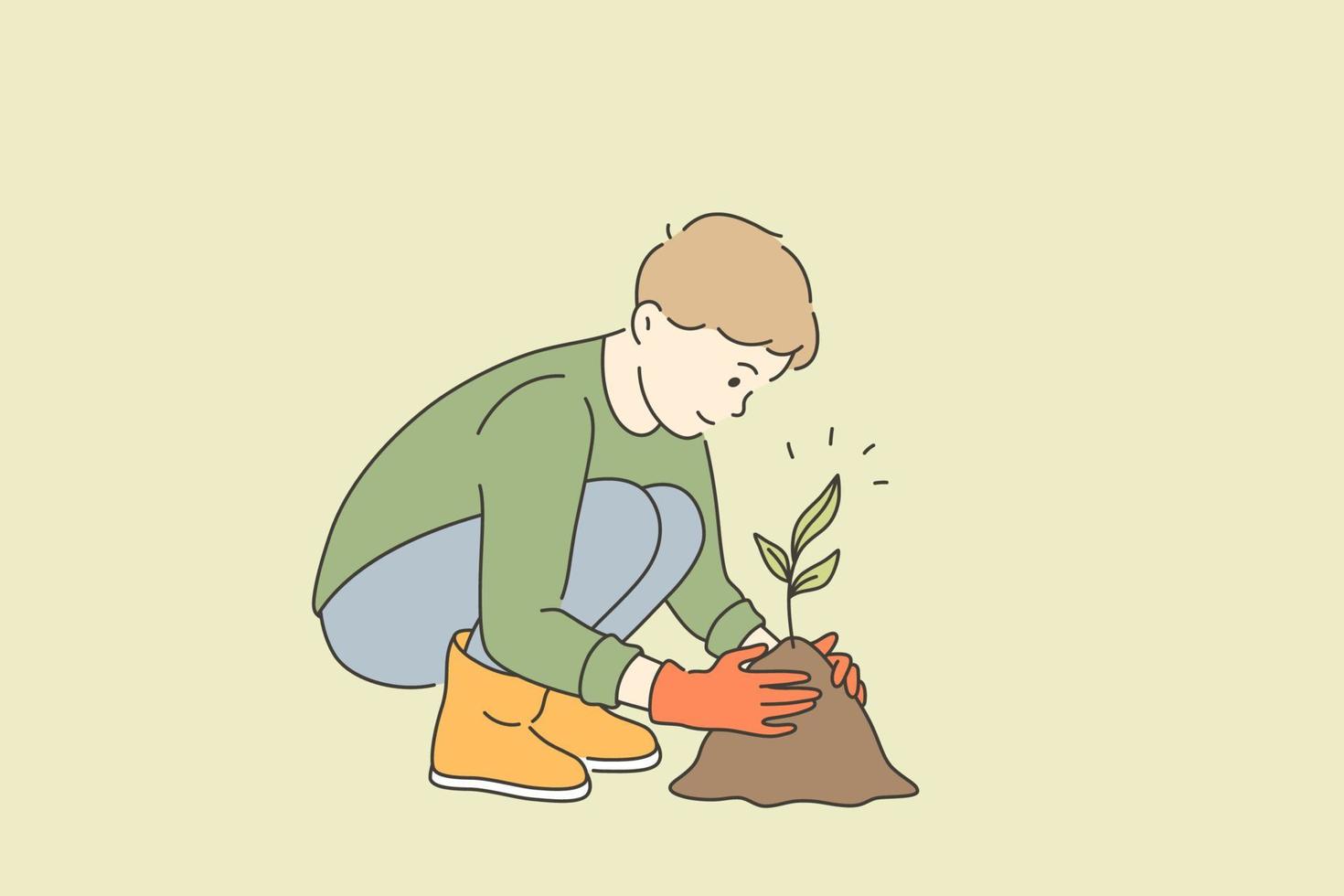 ecologico cura e in crescita impianti concetto. poco ragazzo cartone animato personaggio nel guanti seduta in crescita assunzione cura di verde pianta seme Lavorando con terra vettore illustrazione
