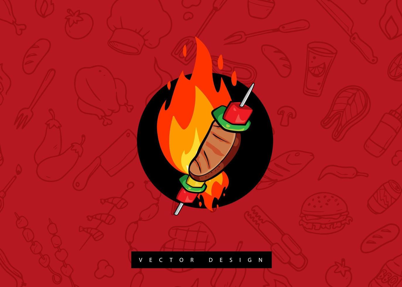 barbeque carne su griglia mano disegno. design colorato stile con distintivo. schema vettore illustrazione
