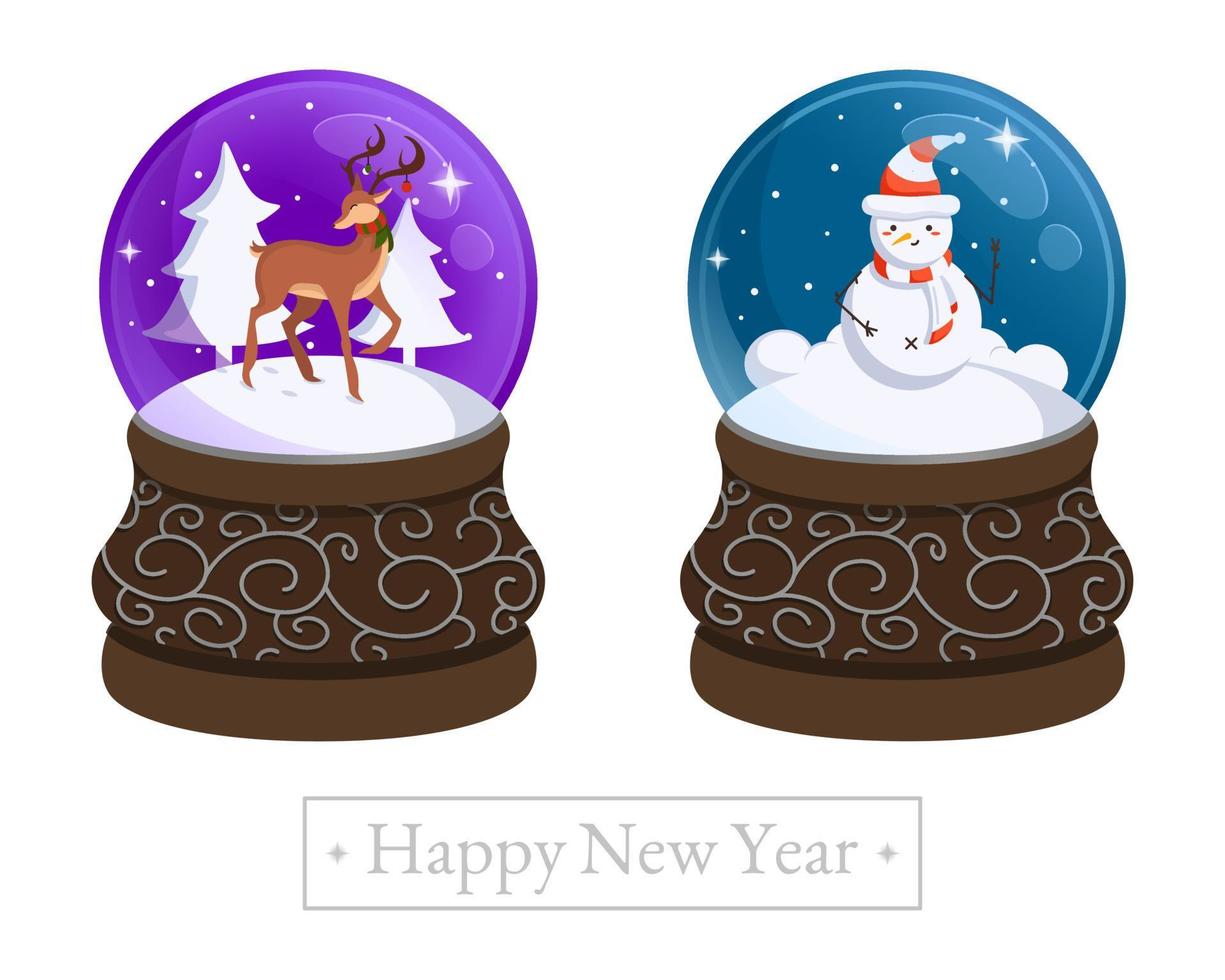 un' collezione di Due neve palle con diverso personaggi un' carino cervo e un' divertente pupazzo di neve. Natale decorazioni. isolato su un' bianca sfondo. vettore colorato illustrazione