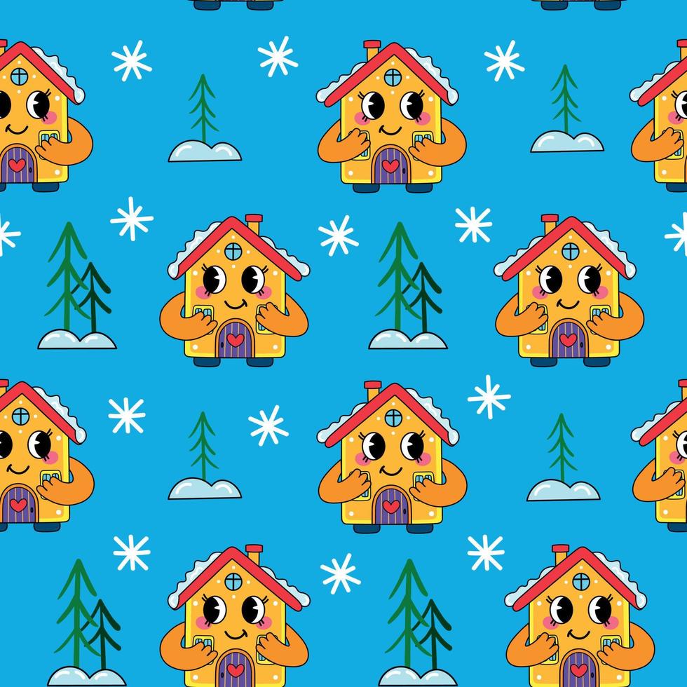 carino Natale senza soluzione di continuità modello con carino cartone animato Casa su blu sfondo. 1970 bene vibrazioni cartone animato stile modello con impaurito immaginario personaggio Casa vettore