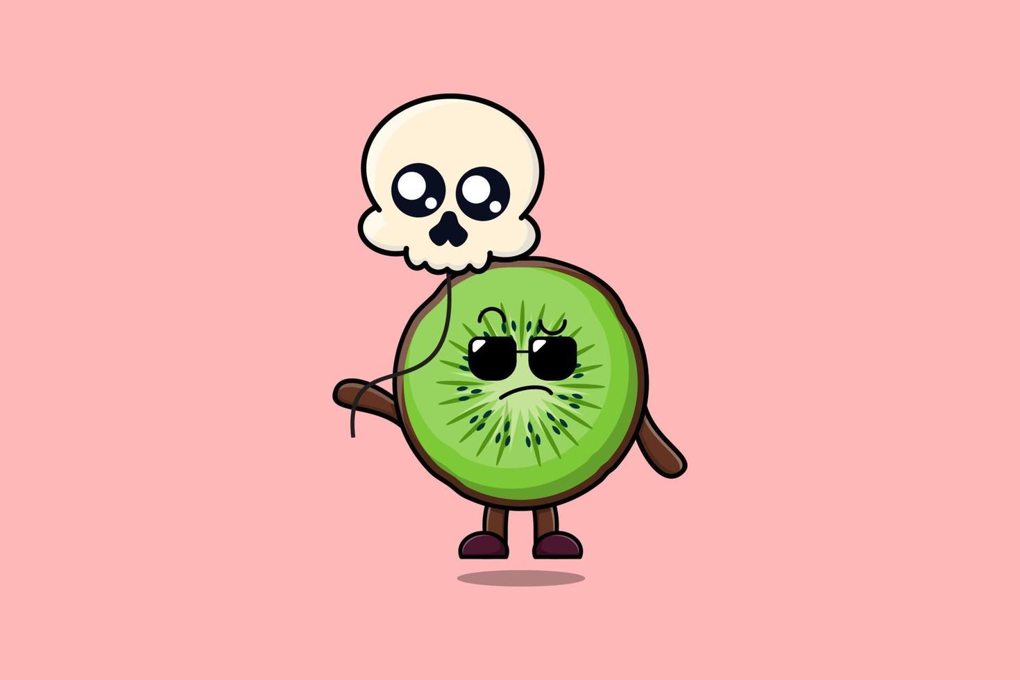 carino cartone animato Kiwi frutta galleggiante con cranio Palloncino vettore