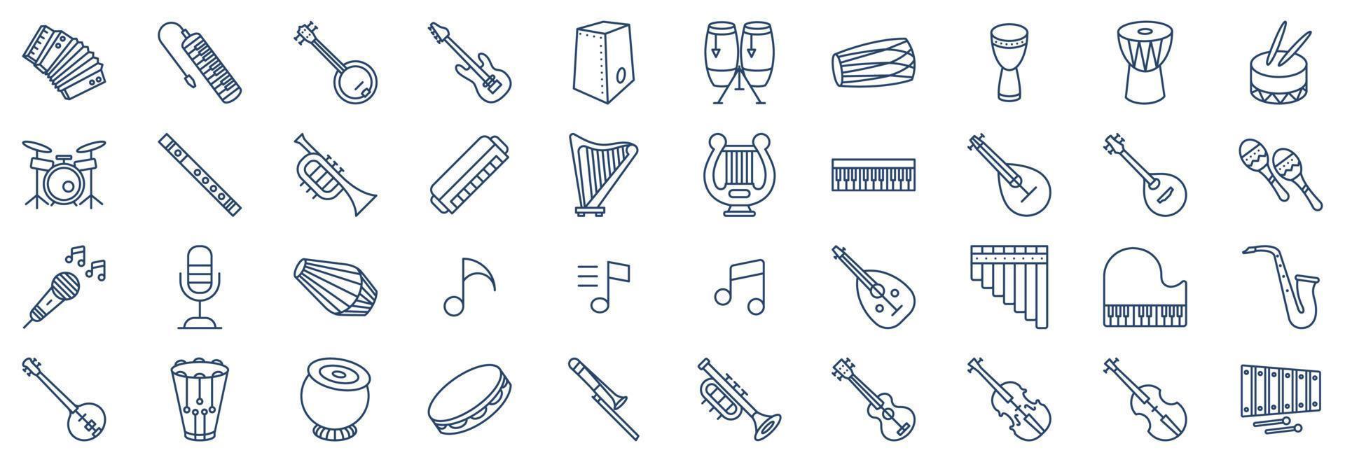 collezione di icone relazionato per musica strumenti, Compreso icone piace fisarmonica, banjo, basso chitarra, conga e di più. vettore illustrazioni, pixel Perfetto impostato