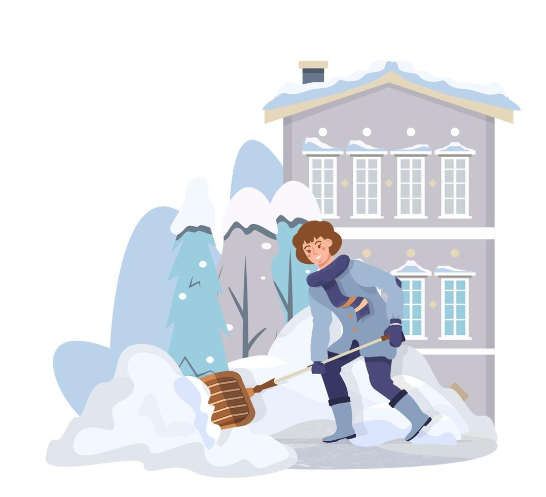 donna rimozione il neve con un' pala. ragazza pulizia il territorio vicino il Casa, nevoso strada. neve mucchio. neve deriva nel inverno. piatto vettore illustrazione.