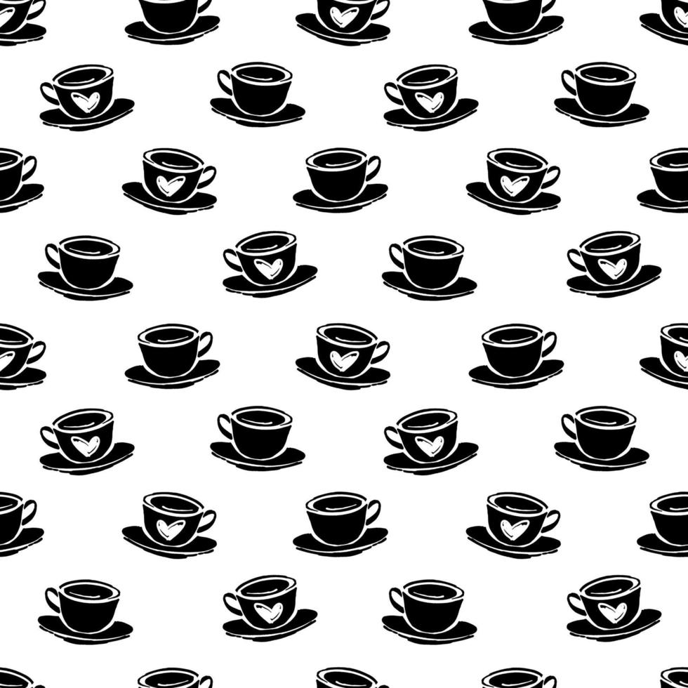 vettore senza soluzione di continuità Patten con mano disegnato tazza di caffè o tè tazza e cuori. semplice monocromatico sfondo.