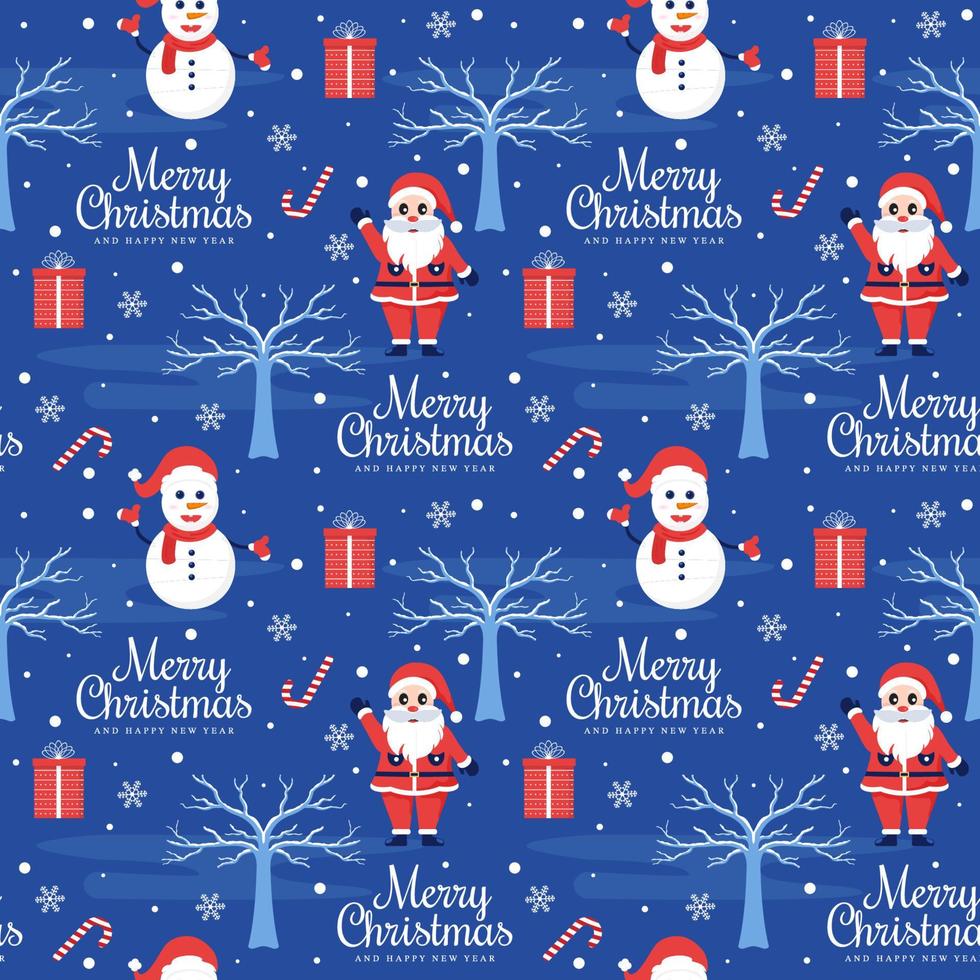 Natale sfondo senza soluzione di continuità modello design con Santa claus, albero, pupazzo di neve e i regali nel modello mano disegnato cartone animato piatto illustrazione vettore