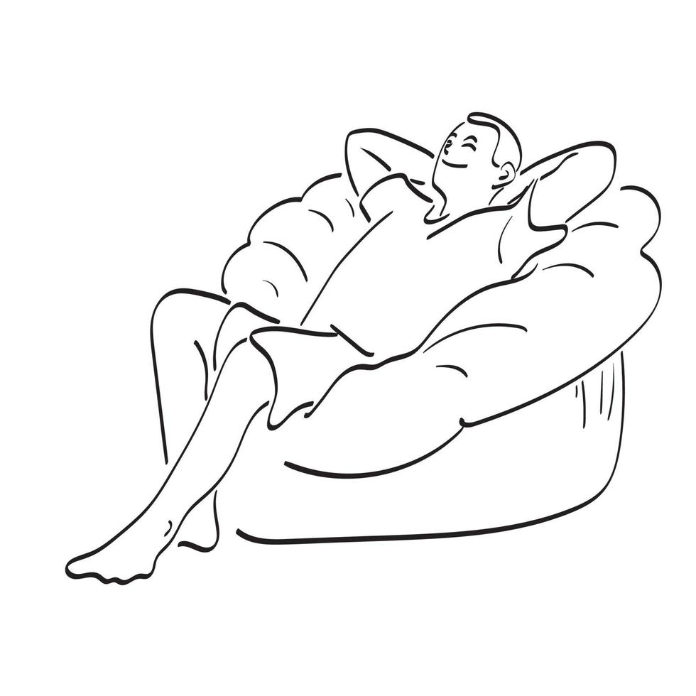 uomo rilassante su il suo sedia a casa illustrazione vettore mano disegnato isolato su bianca sfondo linea arte.