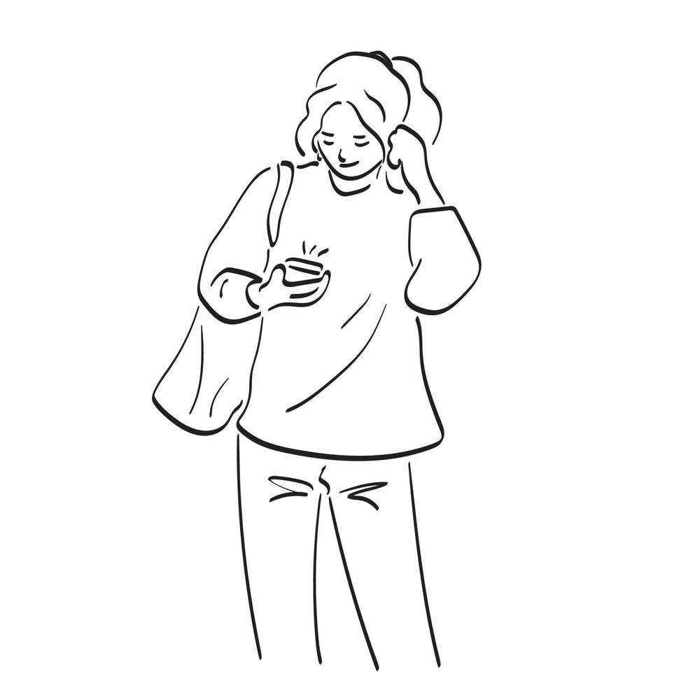linea arte donna con Borsa ascoltando per musica a partire dal smartphone illustrazione vettore mano disegnato isolato su bianca sfondo