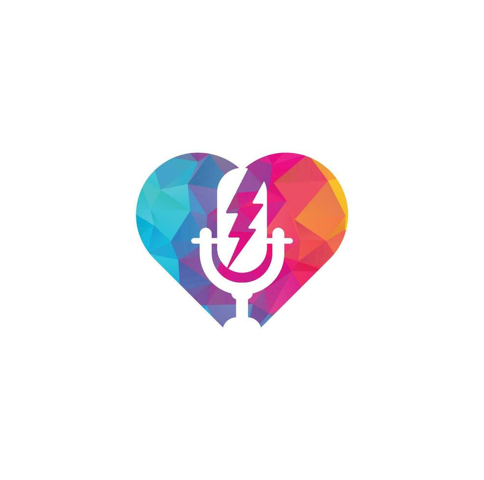 Podcast e tuono cuore forma concetto logo design. vettore