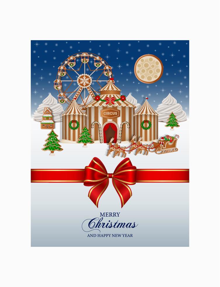 Natale sfondo con Pan di zenzero paesaggio. Natale manifesto con biscotti e caramelle. Natale carta con Pan di zenzero circo e Ferris ruota vettore