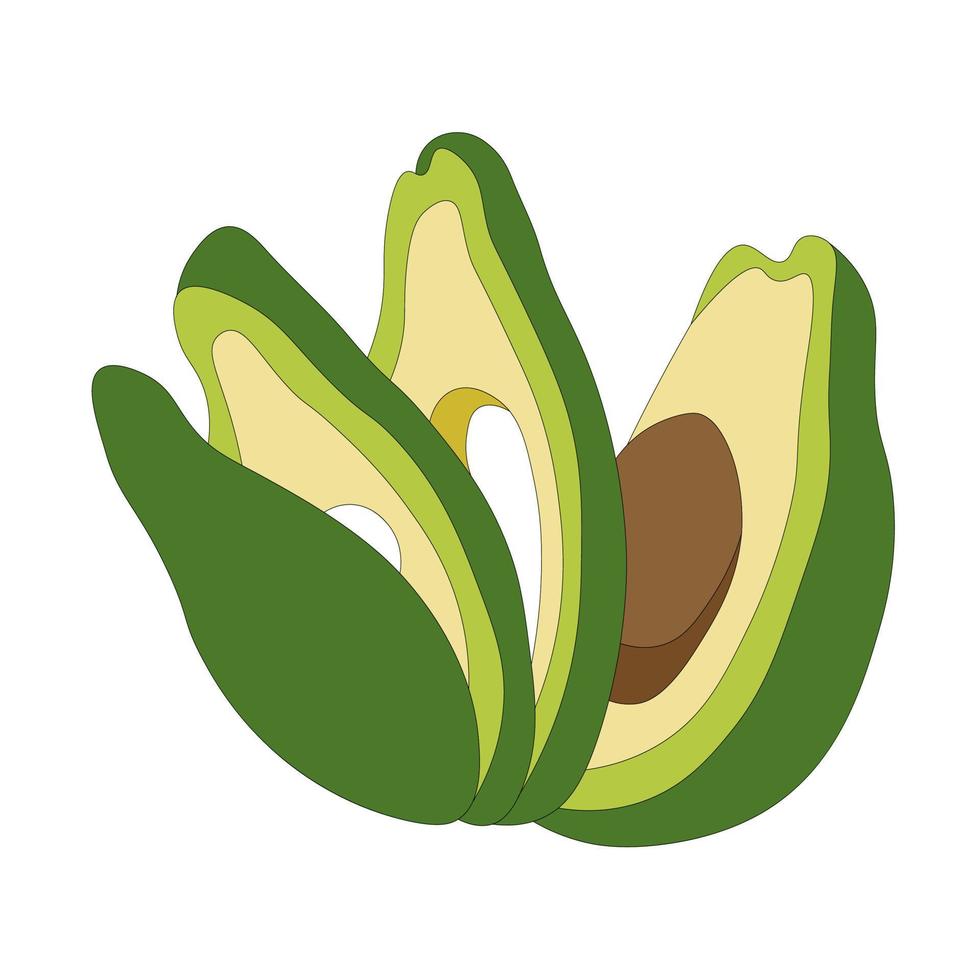 affettato fresco avocado nel il sbucciare. taglio di prodotti. vettore illustrazione di salutare vegano cibo. cucinando sano, maturo non pelati e pulito verdure per il cucina.