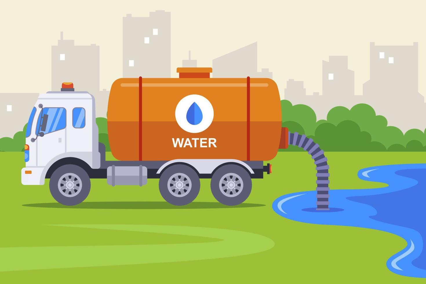 il camion scarica l'acqua dal fiume dal tubo nella sua canna. illustrazione vettoriale piatta.
