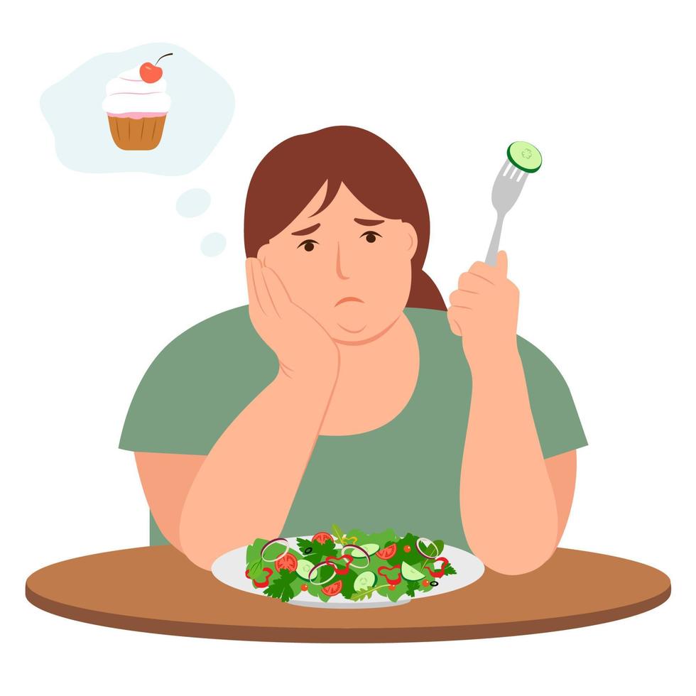 obeso ragazza su un' dieta sognare di torta.a triste donna è seduta a il tavolo con un' piatto di insalata. il concetto di peso perdita e dieta. vettore illustrazione