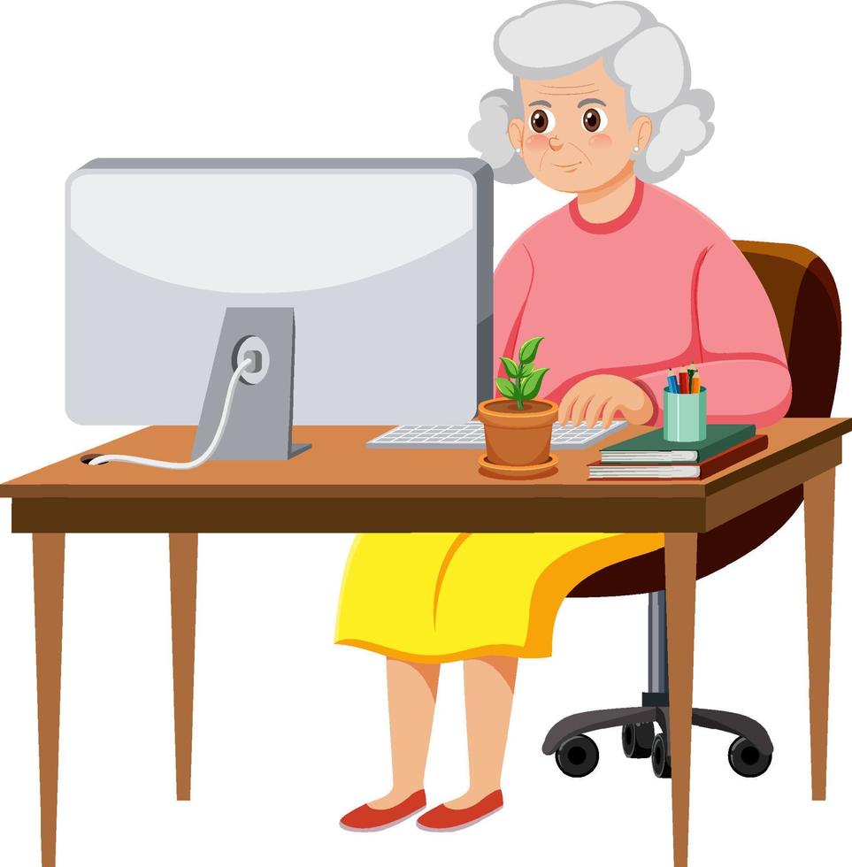 vecchio donna seduta nel davanti di computer vettore