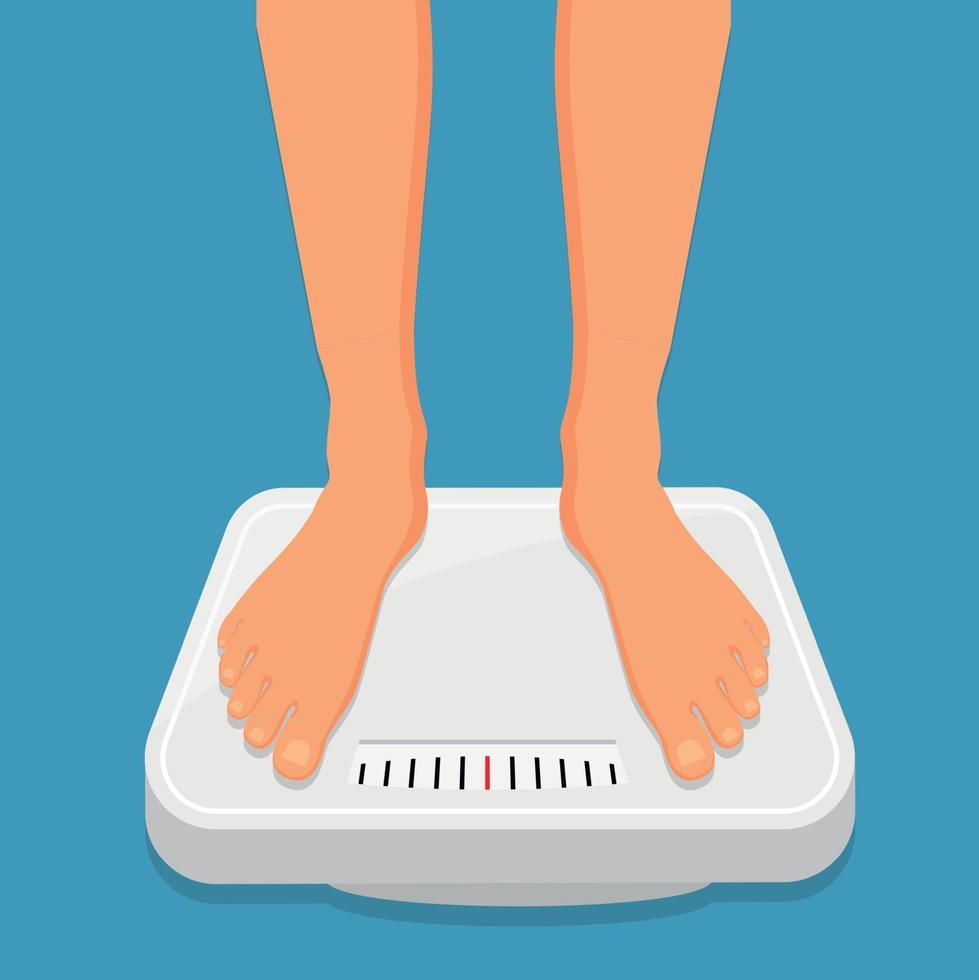 donna è in piedi su bagno bilancia, in alto Visualizza di piedi. peso misurazione e controllo. concetto di salutare stile di vita, dieta e fitness vettore