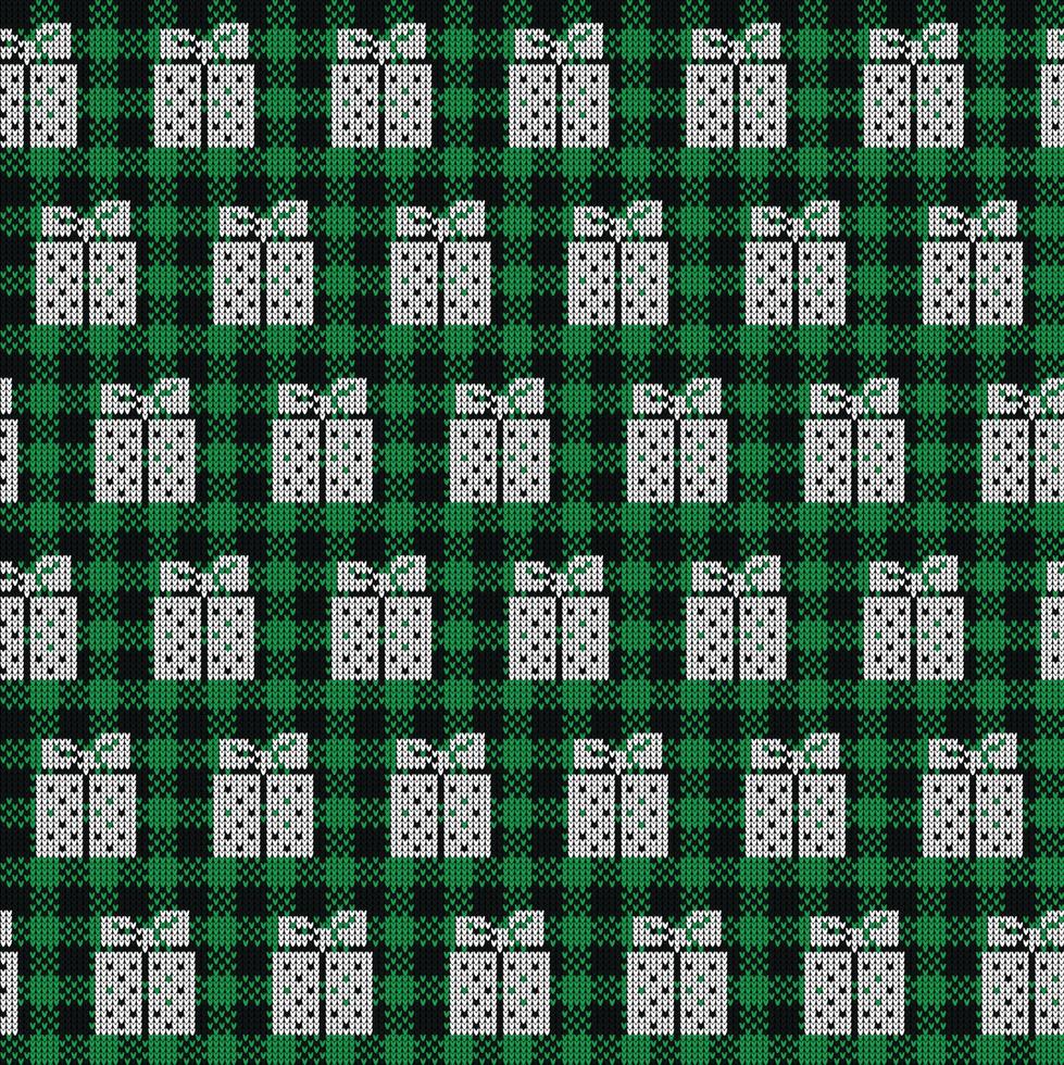 brutto maglione a bufalo plaid allegro Natale e contento nuovo anno saluto carta telaio confine . illustrazione a maglia sfondo senza soluzione di continuità modello con popolare stile scandinavo ornamenti. vettore