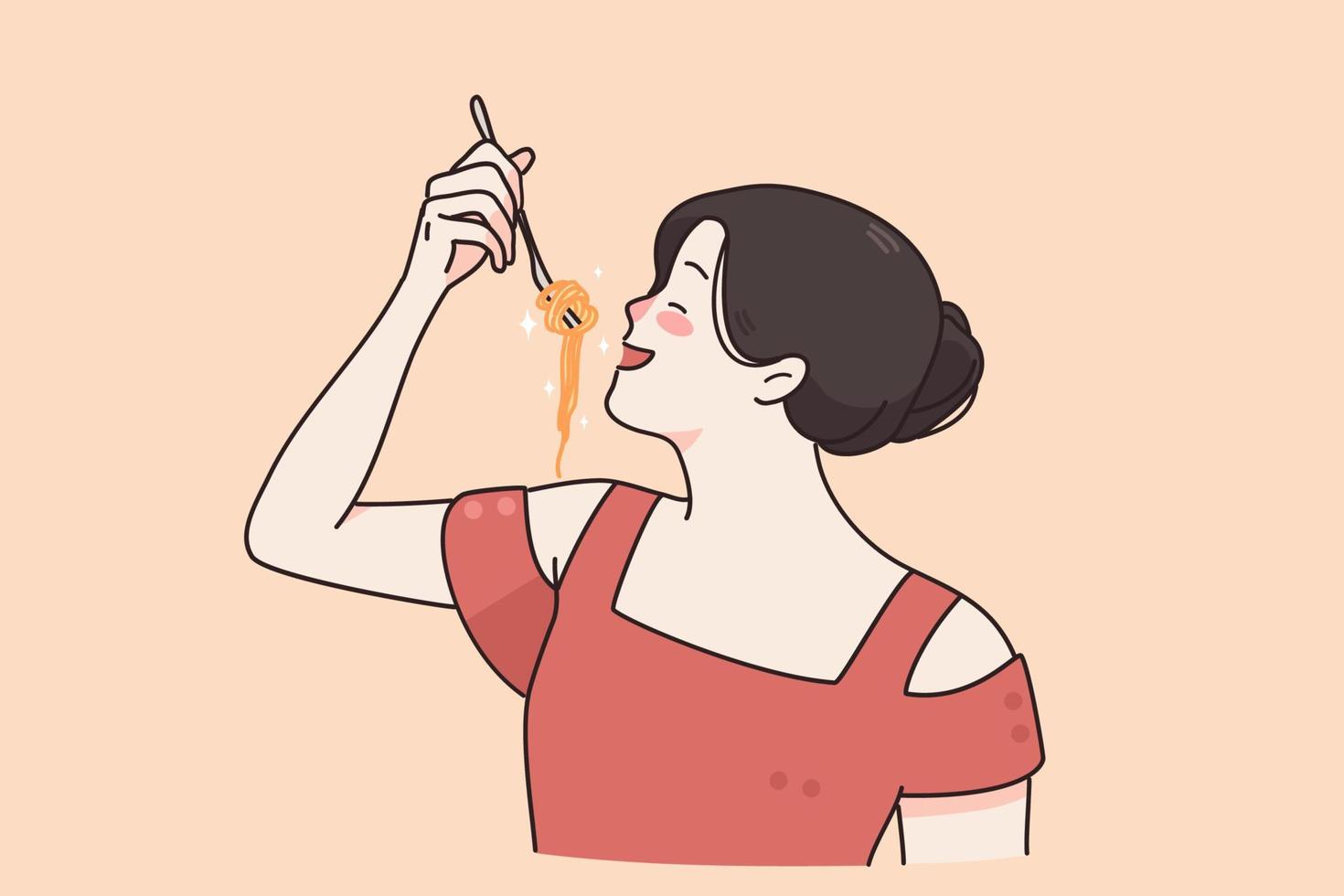 italiano cucina e gustoso mangiare concetto. giovane sorridente donna cartone animato personaggio nel rosso vestito in piedi Tenere forchetta con spaghetti mangiare pasta vettore illustrazione