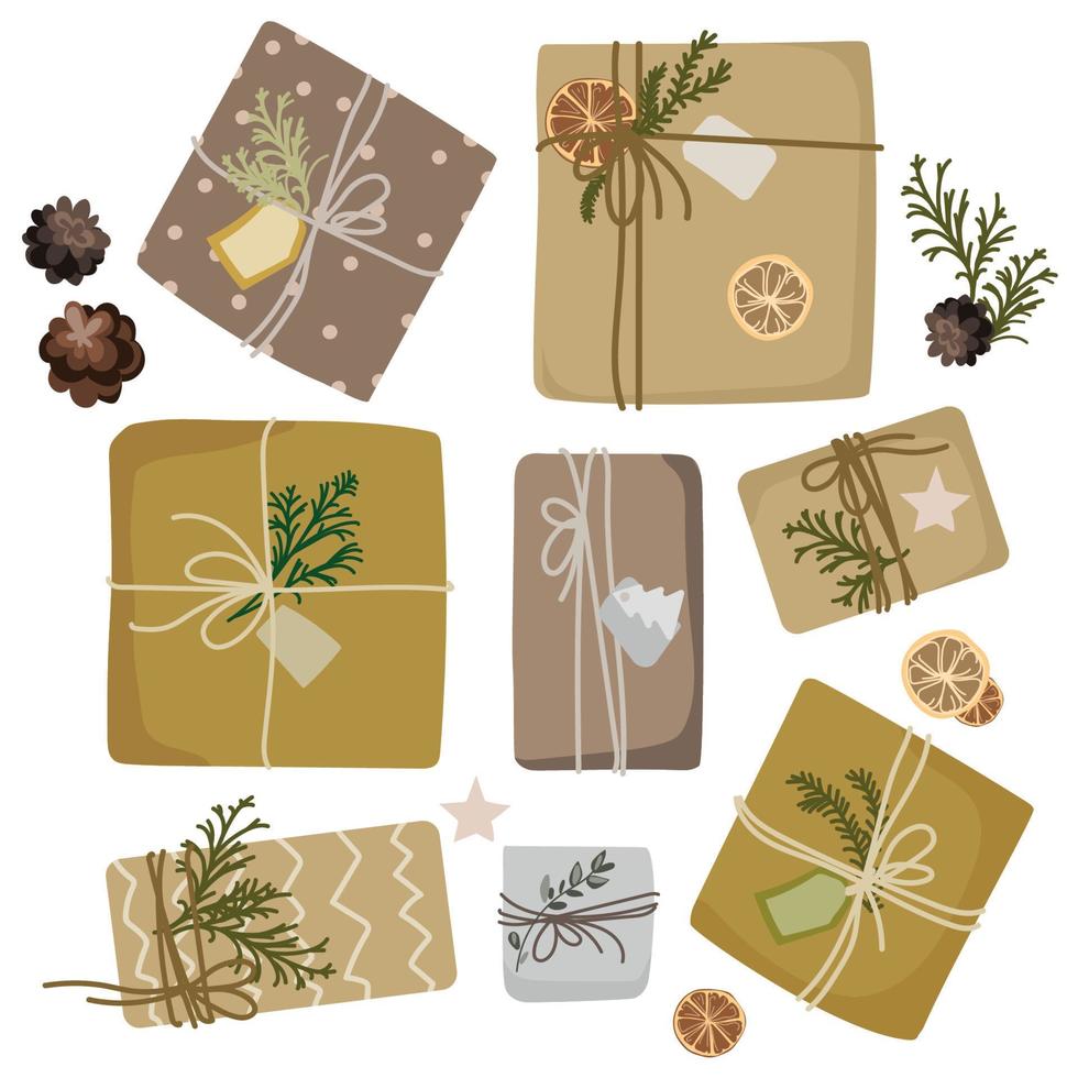 Natale i regali nel kraft carta impostato superiore vista.vettore isolato illustrazione.fai da te rustico presente scatole nel mestiere involucri con spago fiocchi e abete rami, essiccati arancia fette.eco decorazione vettore