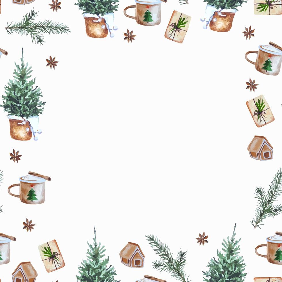 acquerello Natale telaio sfondo con sempreverde albero, tazza di caffè, cannella, regalo per tessile, tovaglioli, carta regalo, artigianato, saluti, arredamento vettore