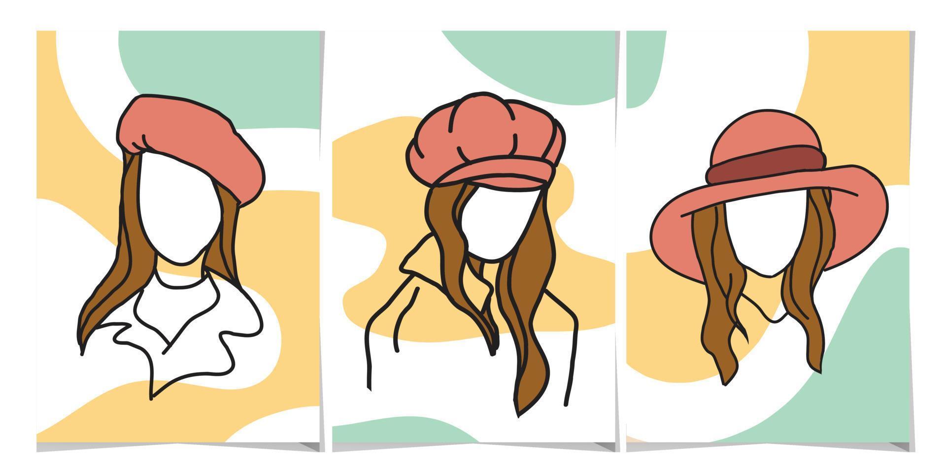 impostato di astratto illustrazione di donna indossare cappello su pastello colore. per manifesto Stampa, cartolina o sociale media. vettore illustrazione.