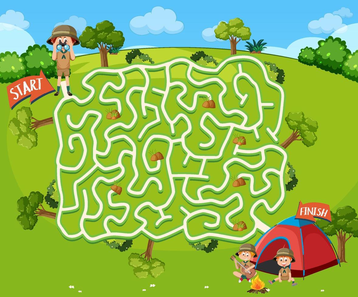 labirinto gioco modello nel campeggio tema per bambini vettore