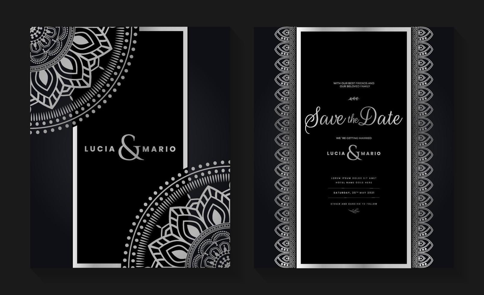 lusso nozze invito carta design con argento mandala e astratto modello, Arabo islamico est sfondo stile, decorativo ornamentale mandala per Stampa, manifesto, coperchio, volantino, e striscione. vettore
