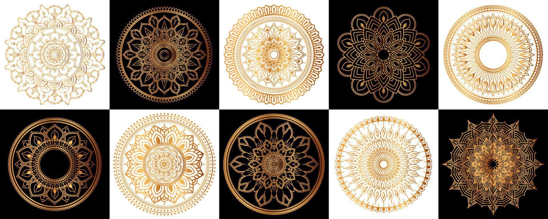 impostato di oro zentangle mandala, mandala per henné, mehendi, tatuaggio, decorativo etnico ornamentale elementi, orientale modelli vettore