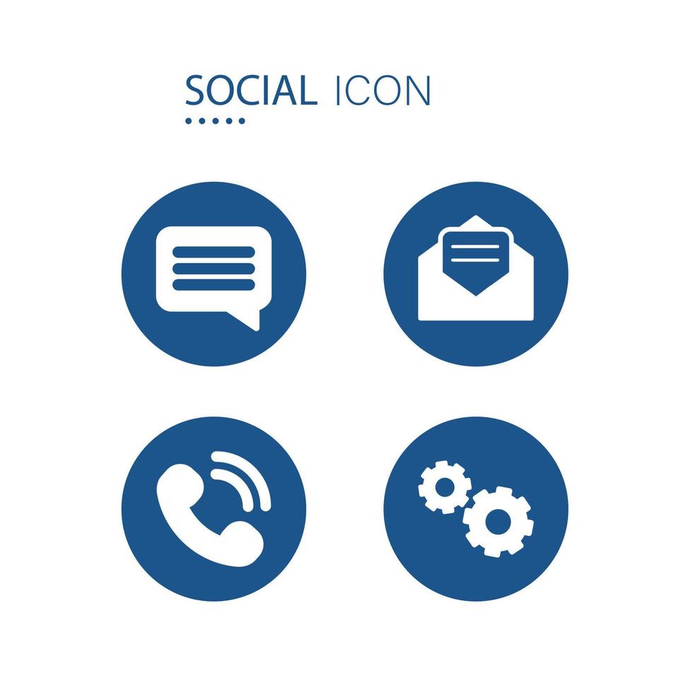 simbolo di Messaggio, posta casella di posta, Telefono chiamata e ambientazione icone. 2 icone su blu cerchio forma isolato su bianca sfondo. icone di sociale vettore illustrazione.