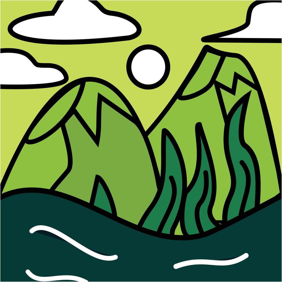 verde montagna e lago nel semplice ictus illustrazione per paesaggio sfondo piatto design vettore