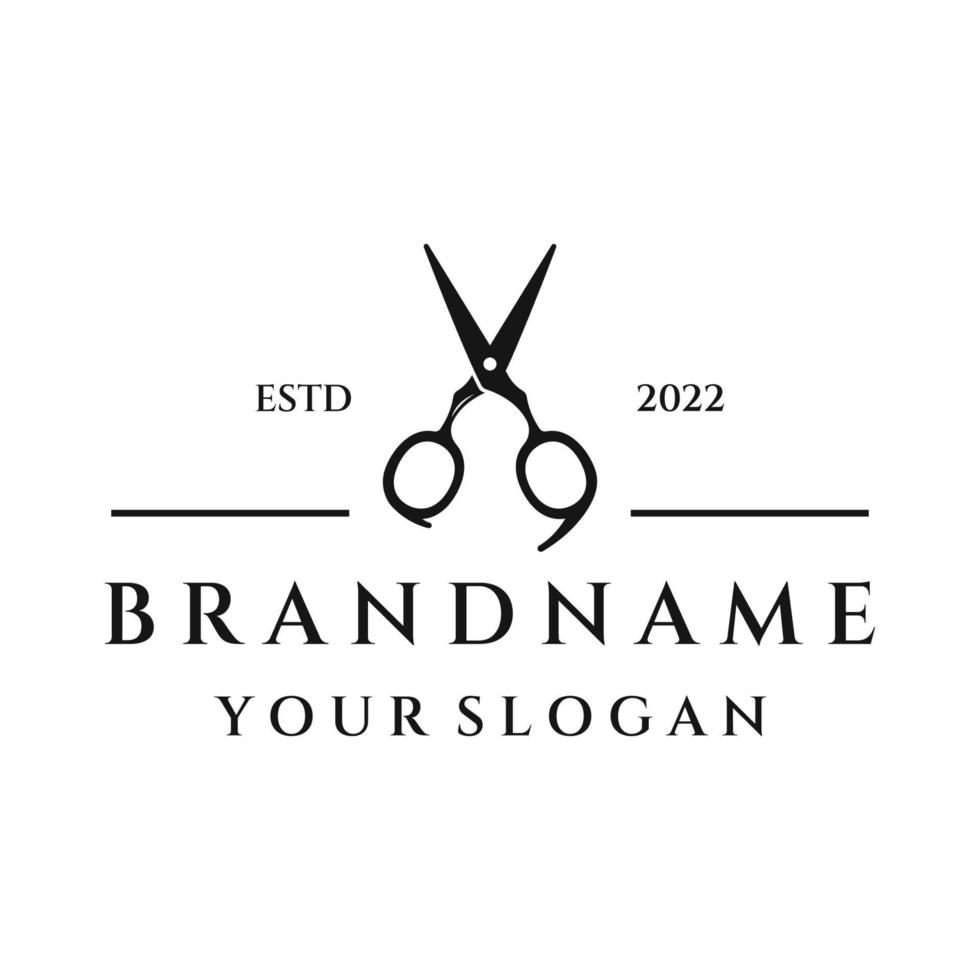 creativo e semplice classico taglio di capelli salone forbici modello logo design isolato su nero e bianca sfondo.per attività commerciale, barbiere, salone, bellezza. vettore