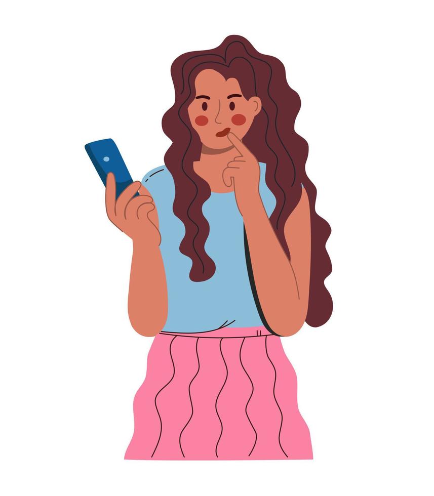 un' giovane bellissimo donna sembra in un' smartphone con un' riflessivo viso. nel un' blu camicetta e un' rosa gonna. vettore illustrazione piatto isolato bianca sfondo