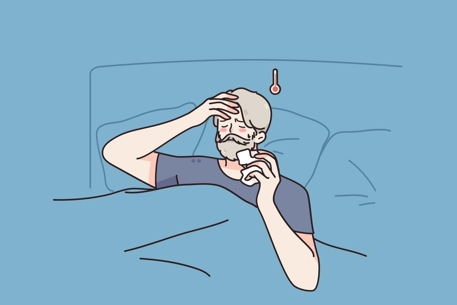 sensazione malato e febbre concetto. anziano malato uomo cartone animato personaggio soggiorno nel letto con mal di testa e alto temperatura sofferenza a partire dal polmonite o asma covid-19 vettore illustrazione