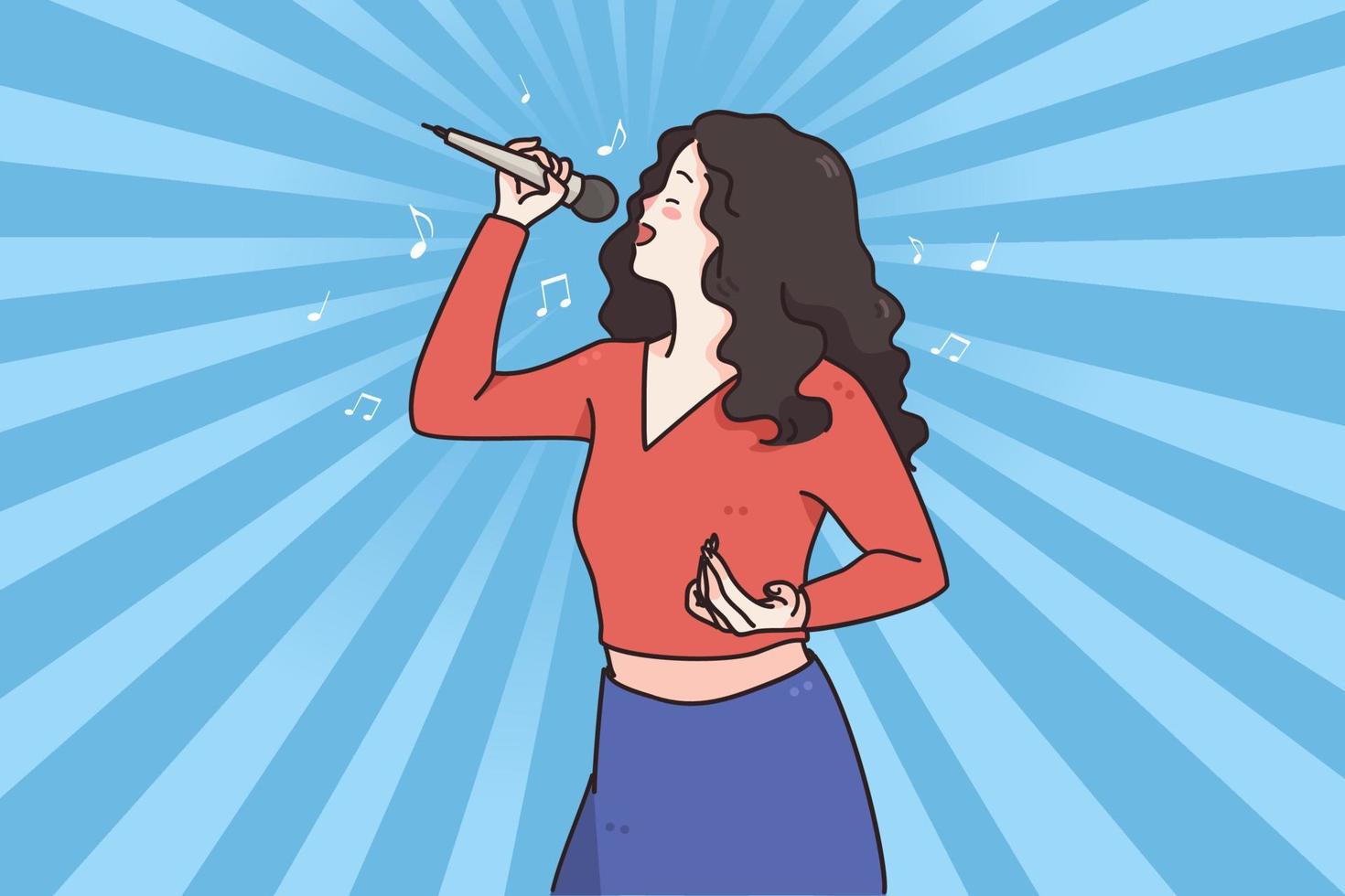 donna cantante e karaoke concetto. giovane positivo brunetta donna cartone animato personaggio cantante in piedi e cantando canzone nel microfono al di sopra di blu sfondo vettore illustrazione