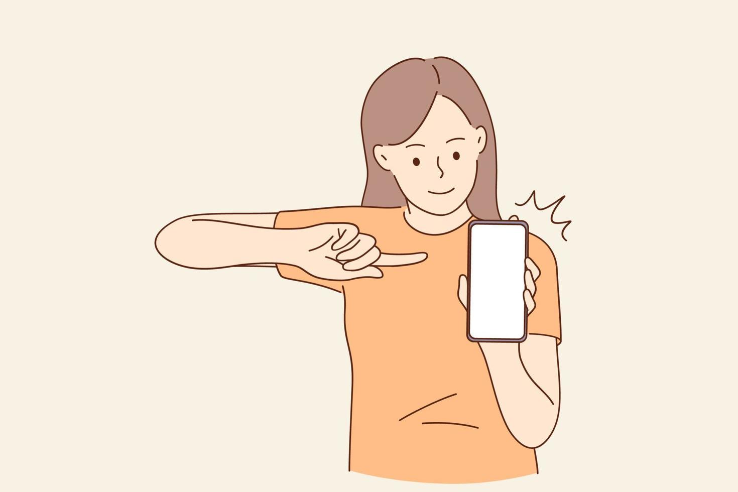 copia spazio, tecnologia concetto. giovane sorridente ragazza cartone animato personaggio seduta puntamento con dito a mobile Telefono con vuoto bianca schermo vettore illustrazione