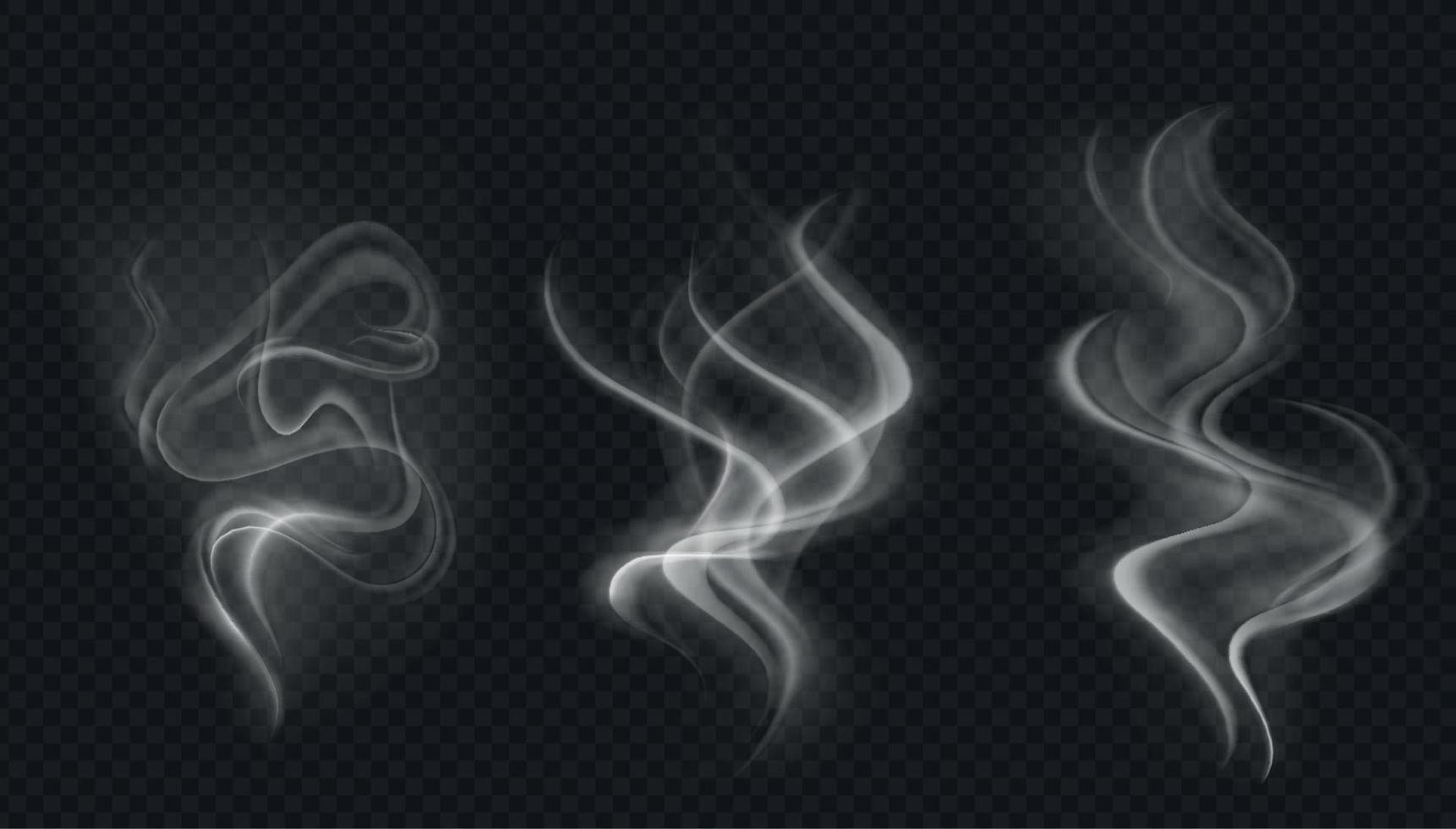 Fumo vettore collezione, isolato, trasparente sfondo. impostato di realistico bianca Fumo vapore, onde a partire dal caffè, tè, sigarette, caldo cibo,... nebbia e nebbia effetto.