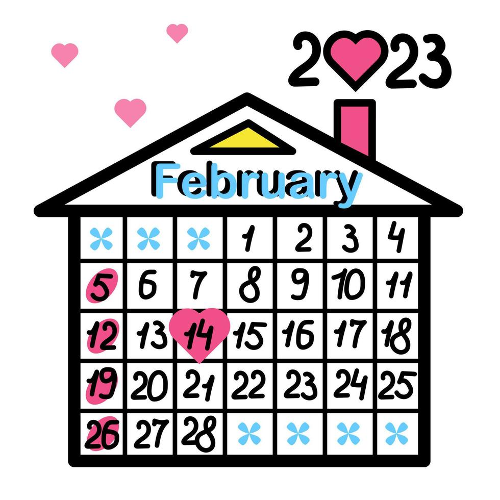 calendario 2023. febbraio. San Valentino giorno. creativo insolito calendario disegnato di mano. Casa calendario. scarabocchi, scarabocchio. modello per desktop, parete calendario, quotidiano pianificatore, organizzatore. vettore illustrazione